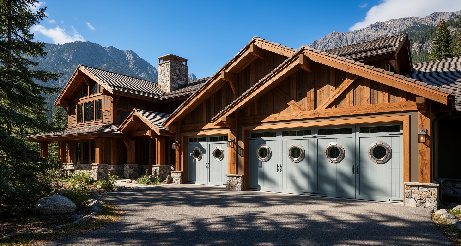Mountain lodge style home with coastal garage doors featuring porthole windows